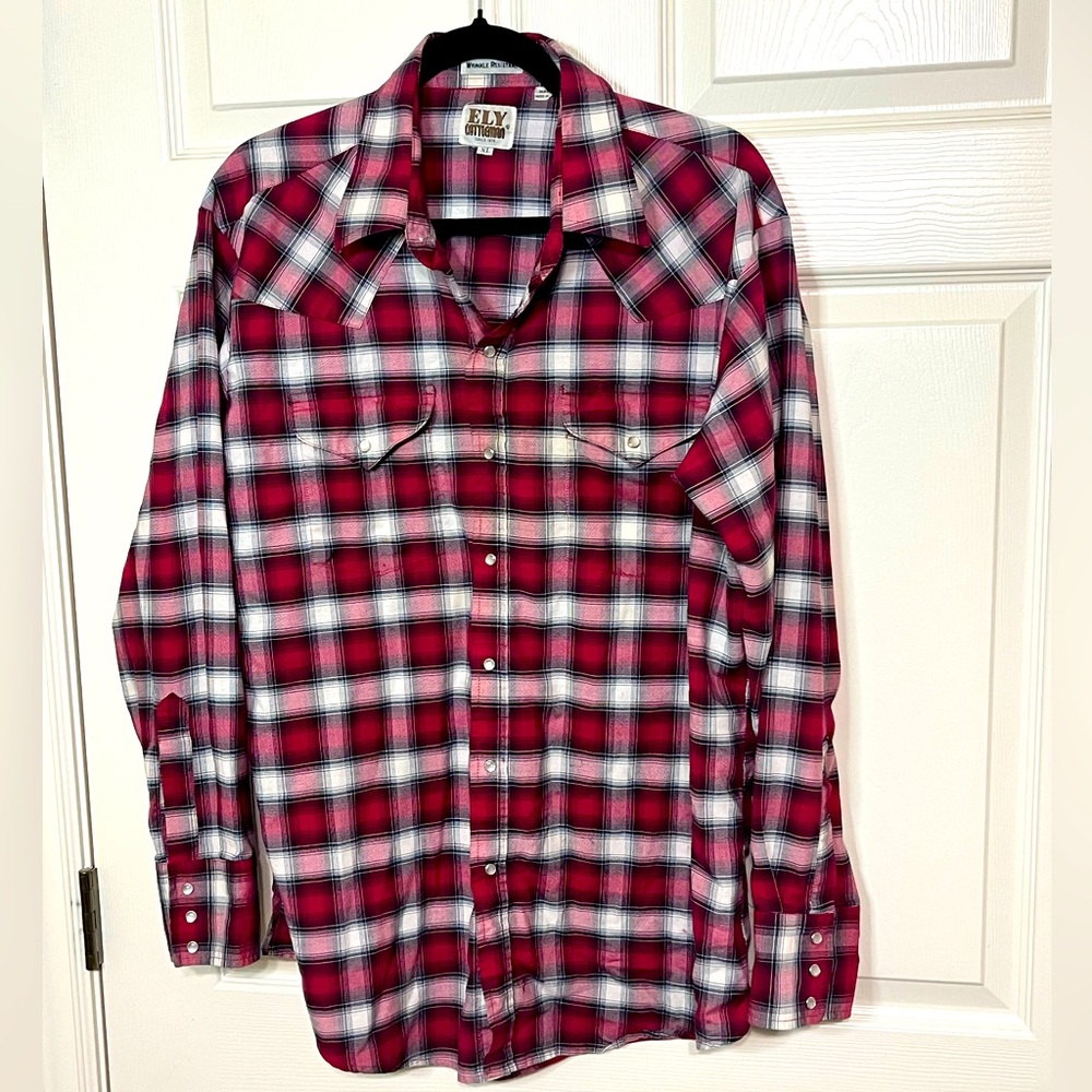 Eli Cattleman men’s red, black and white long sleeve shirt with pearl snaps